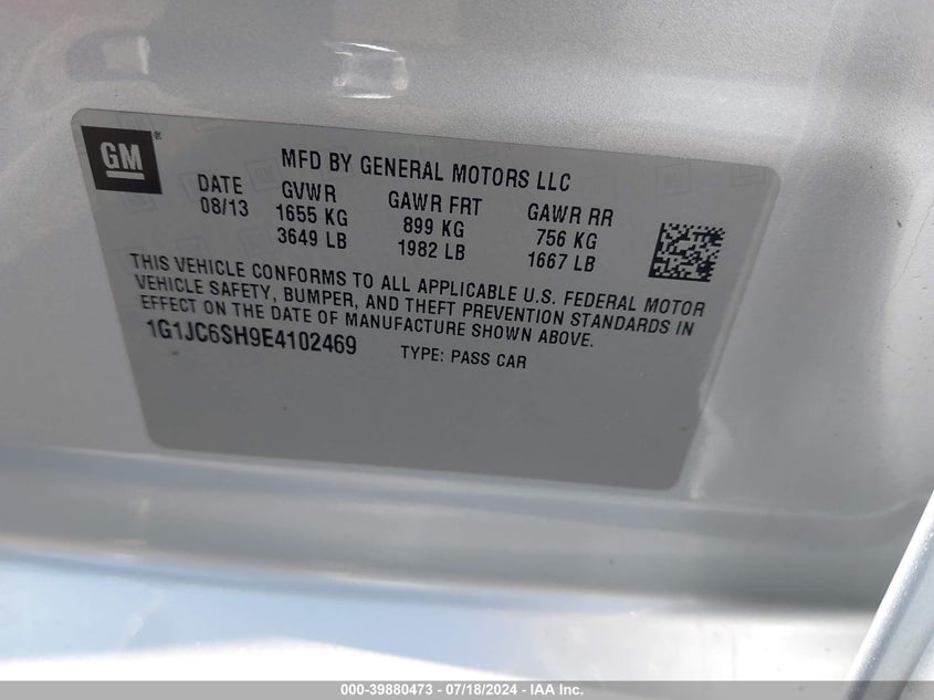 2014 Chevrolet Sonic Lt Auto VIN: 1G1JC6SH9E4102469 Lot: 39880473