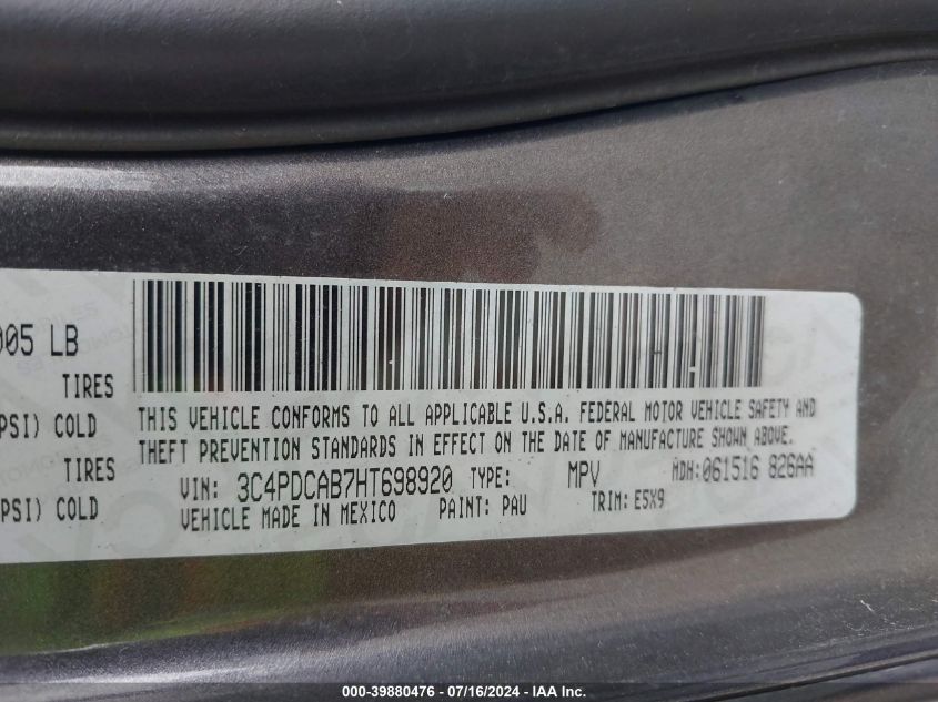 2017 Dodge Journey Se VIN: 3C4PDCAB7HT698920 Lot: 39880476