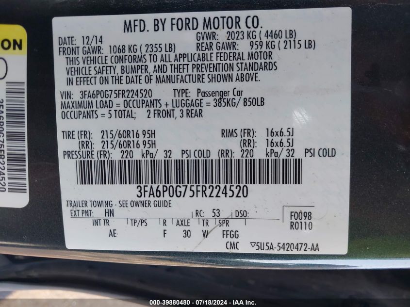 2015 FORD FUSION S - 3FA6P0G75FR224520