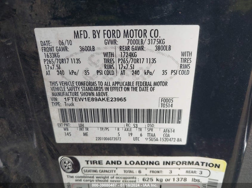 2010 Ford F-150 Xl/Xlt VIN: 1FTEW1E89AKE23965 Lot: 39880487