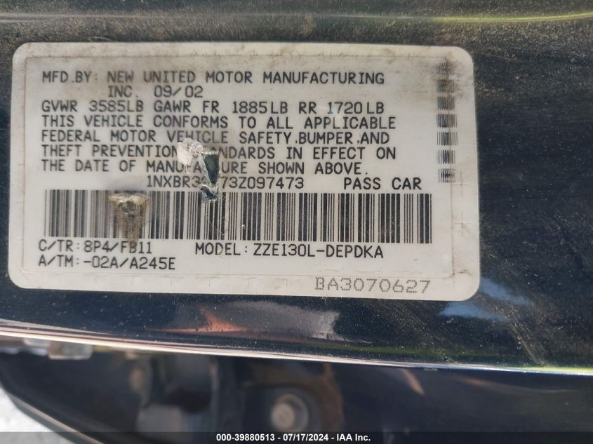 2003 Toyota Corolla Ce VIN: 1NXBR32E73Z097473 Lot: 39880513