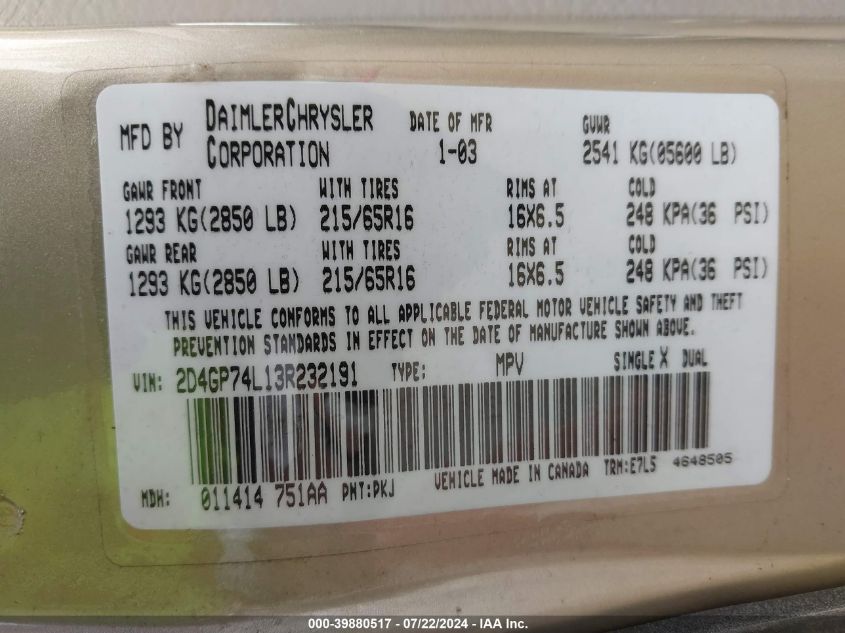 2003 Dodge Grand Caravan Ex VIN: 2D4GP74L13R232191 Lot: 39880517