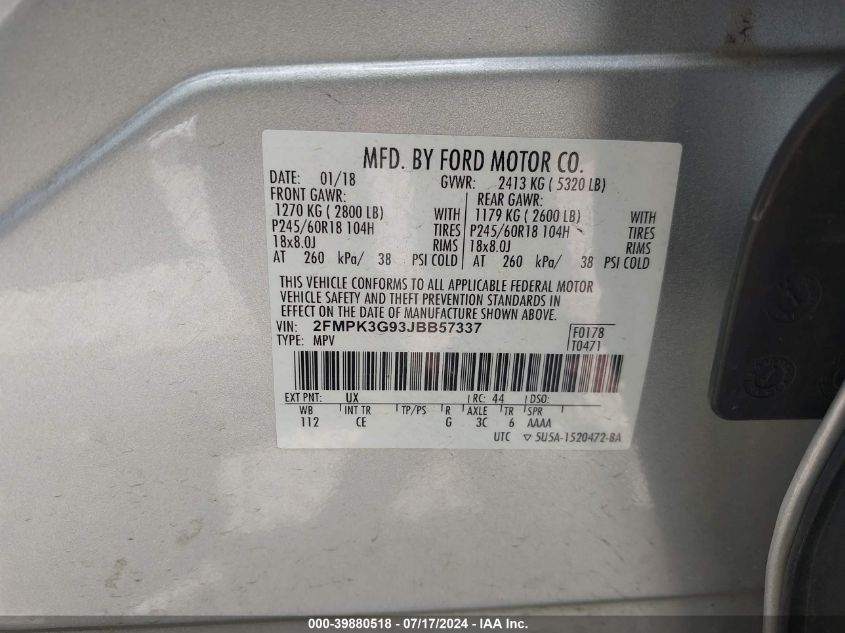 2018 Ford Edge Se VIN: 2FMPK3G93JBB57337 Lot: 39880518