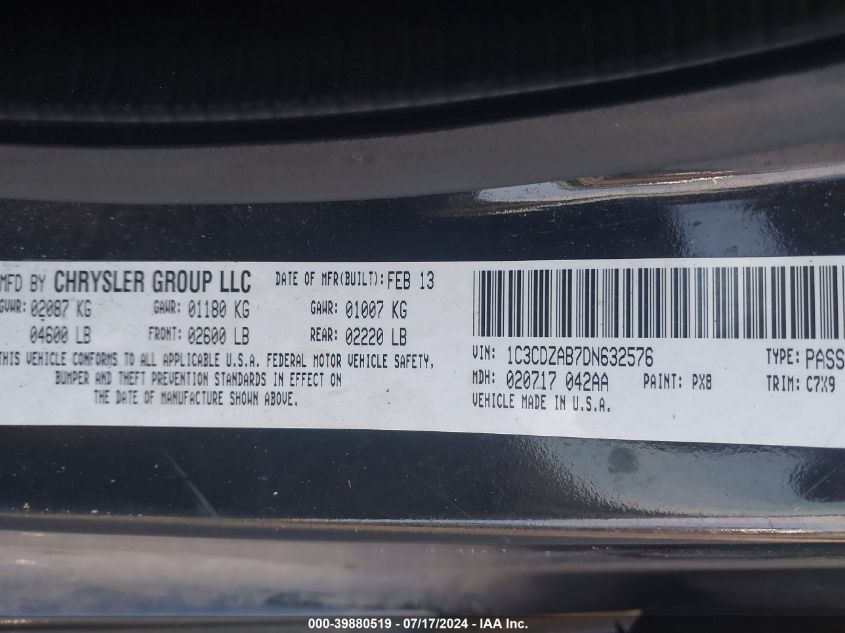 2013 Dodge Avenger Se VIN: 1C3CDZAB7DN632576 Lot: 39880519