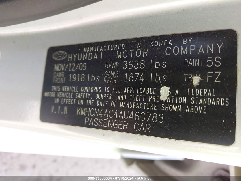 2010 Hyundai Accent Gls VIN: KMHCN4AC4AU460783 Lot: 39880534