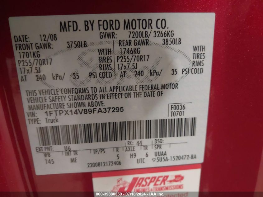 2009 Ford F-150 Fx4/Lariat/Xl/Xlt VIN: 1FTPX14V89FA37295 Lot: 39880550