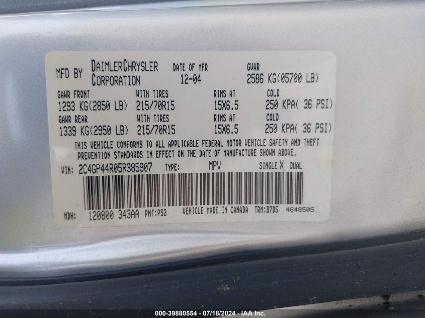 2005 Chrysler Town & Country Lx VIN: 2C4GP44R05R385907 Lot: 39880554