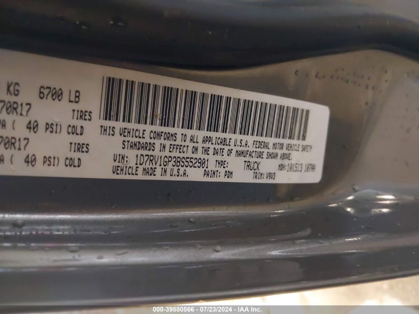 2011 Ram Ram 1500 Slt VIN: 1D7RV1GP3BS552901 Lot: 39880566