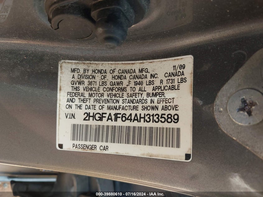 2010 Honda Civic Lx-S VIN: 2HGFA1F64AH313589 Lot: 39880610