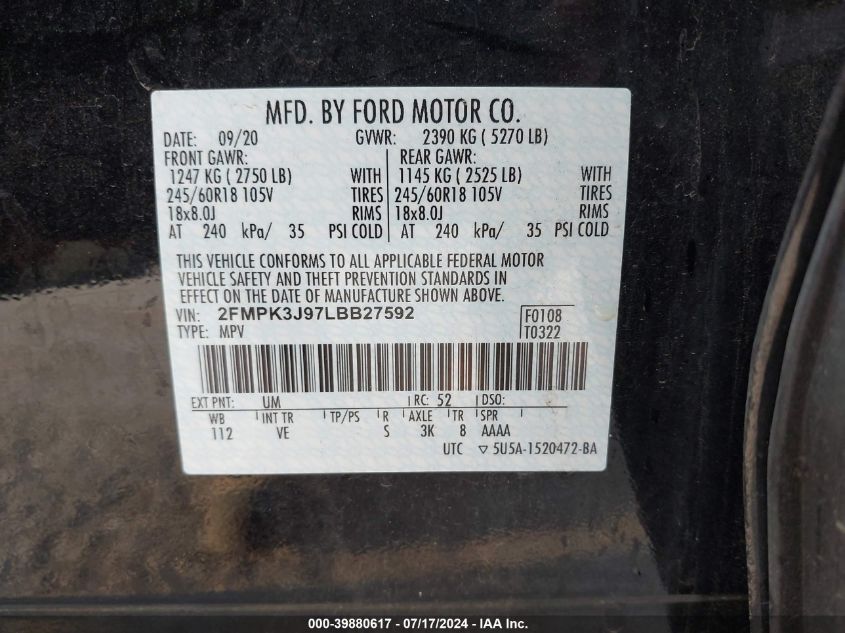 VIN: 2FMPK3J97LBB27592 2020 FORD EDGE SEL