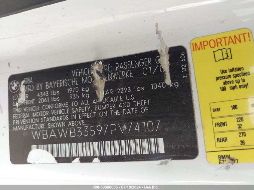 2007 BMW 328I VIN: WBAWB33597PV74107 Lot: 39880636