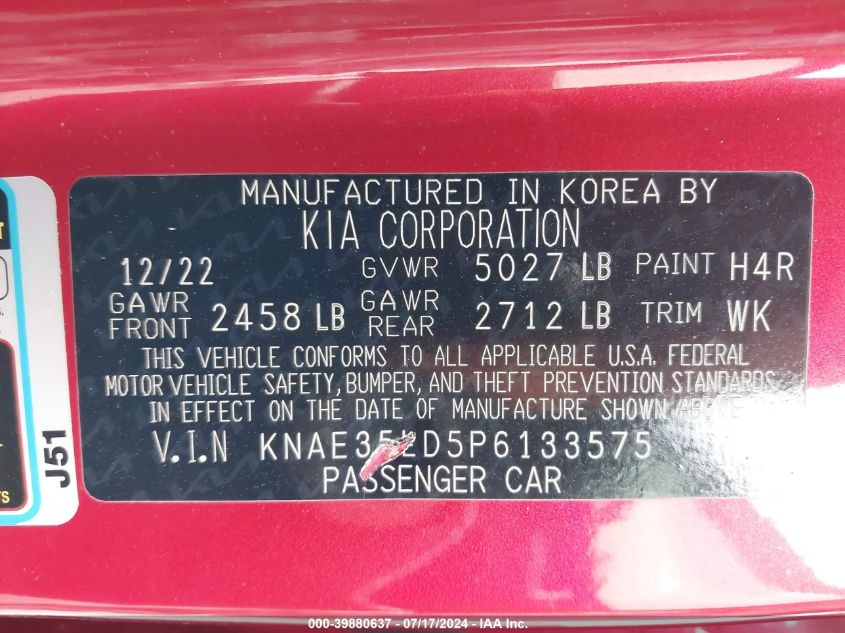 2023 Kia Stinger Gt-Line VIN: KNAE35LD5P6133575 Lot: 39880637