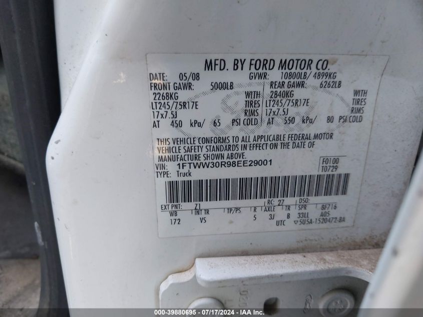 2008 Ford F-350 King Ranch/Lariat/Xl/Xlt VIN: 1FTWW30R98EE29001 Lot: 39880695