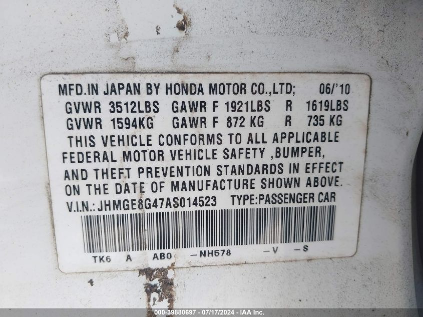 2010 Honda Fit Sport VIN: JHMGE8G47AS014523 Lot: 39880697