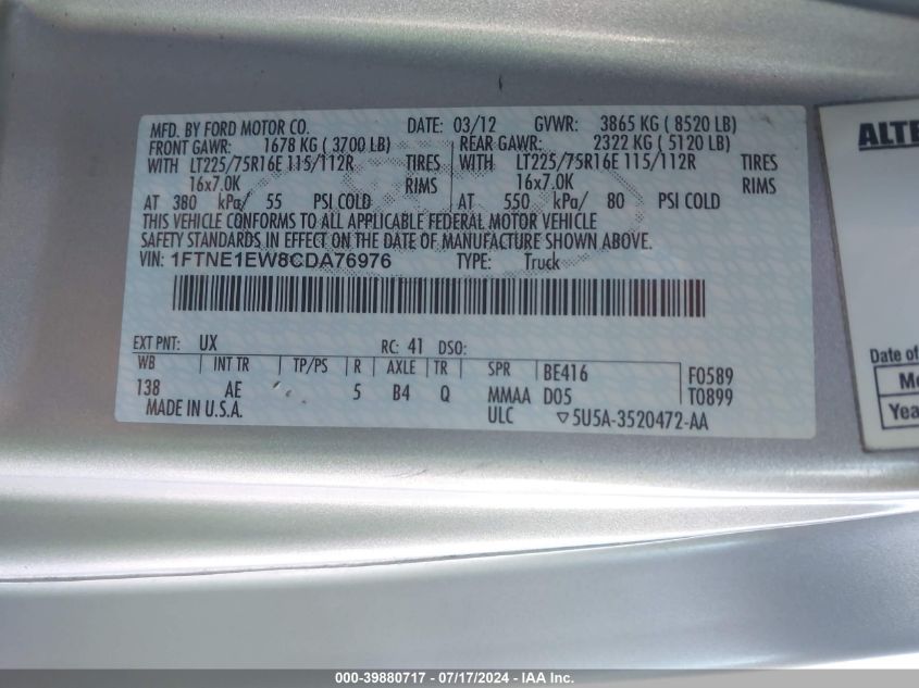 2012 Ford Econoline Cargo Commercial/Recreational VIN: 1FTNE1EW8CDA76976 Lot: 39880717