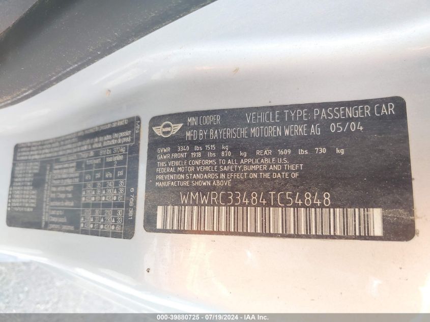 2004 Mini Cooper VIN: WMWRC33484TC54848 Lot: 39880725