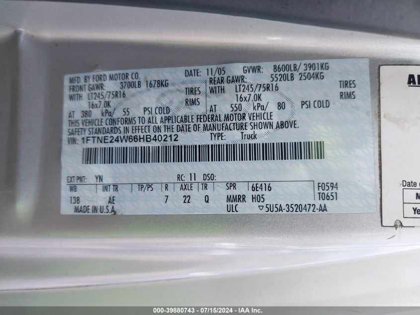 2006 Ford E-250 Commercial/Recreational VIN: 1FTNE24W66HB40212 Lot: 39880743