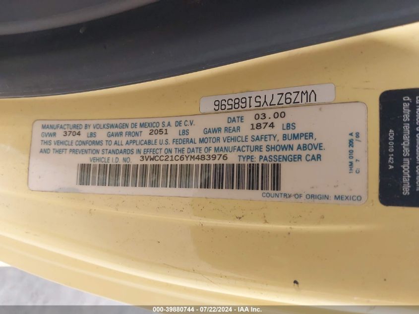 2000 Volkswagen New Beetle Gls VIN: 3VWCC21C6YM483976 Lot: 39880744