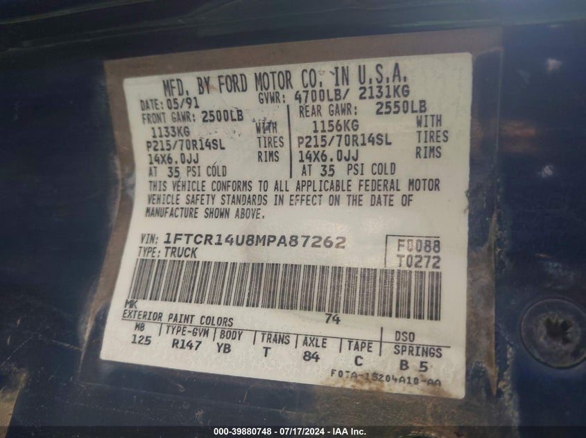 1991 Ford Ranger Super Cab VIN: 1FTCR14U8MPA87262 Lot: 39880748