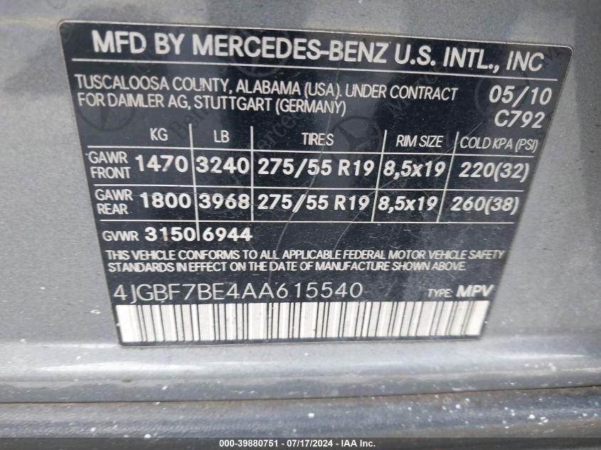 2010 Mercedes-Benz Gl 450 4Matic VIN: 4JGBF7BE4AA615540 Lot: 39880751