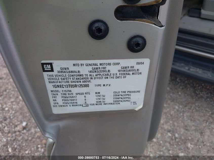 2005 Chevrolet Tahoe Lt VIN: 1GNEC13T85R125380 Lot: 39880753