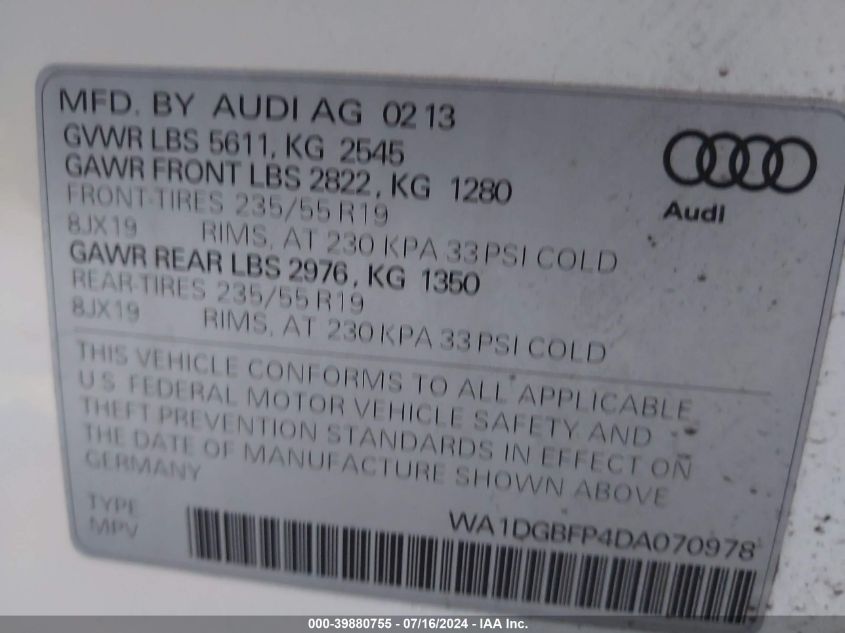 WA1DGBFP4DA070978 2013 Audi Q5 3.0T Premium Plus