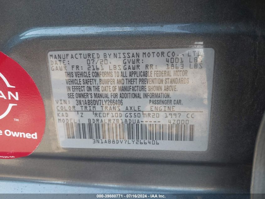 2020 Nissan Sentra Sr Xtronic Cvt VIN: 3N1AB8DV7LY266406 Lot: 39880771