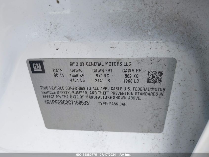 2012 Chevrolet Cruze Lt VIN: 1G1PF5SC3C7150593 Lot: 39880775