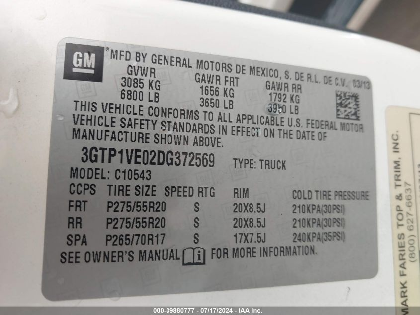 2013 GMC Sierra 1500 Sle VIN: 3GTP1VE02DG372569 Lot: 39880777