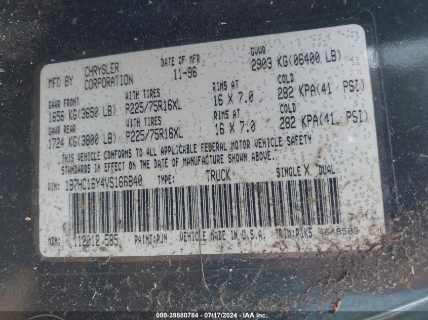 1997 Dodge Ram 1500 VIN: 1B7HC16Y4VS166840 Lot: 39880784