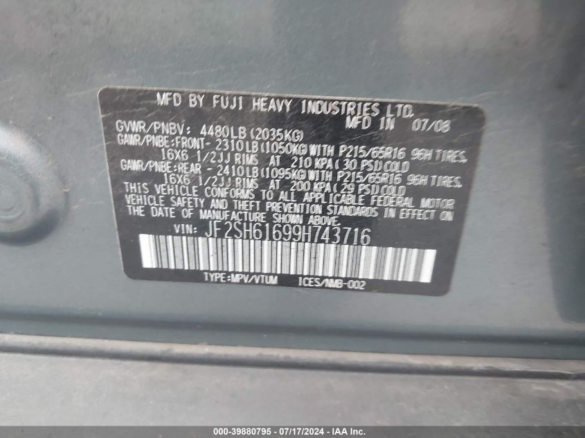 2009 Subaru Forester 2.5X VIN: JF2SH61699H743716 Lot: 39880795