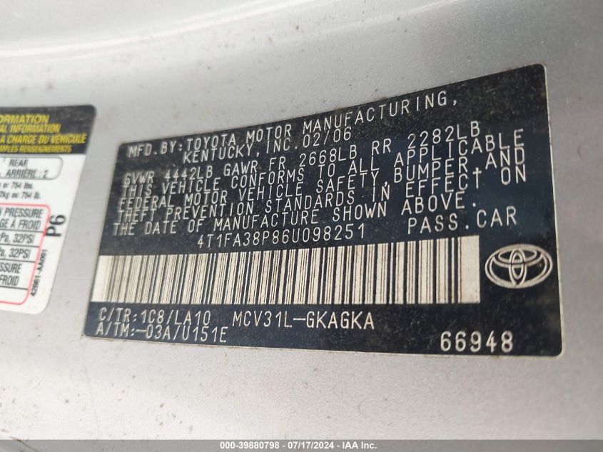 4T1FA38P86U098251 2006 Toyota Camry Solara Sle