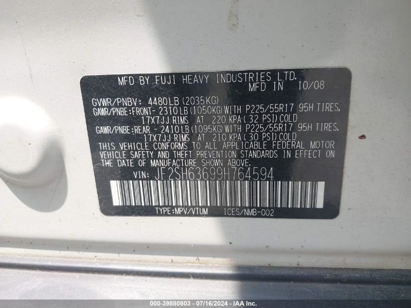 2009 Subaru Forester 2.5X VIN: JF2SH63699H764594 Lot: 39880803