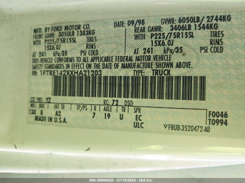 1999 Ford E-150 Commercial/Recreational VIN: 1FTRE142XXHA21203 Lot: 39880820