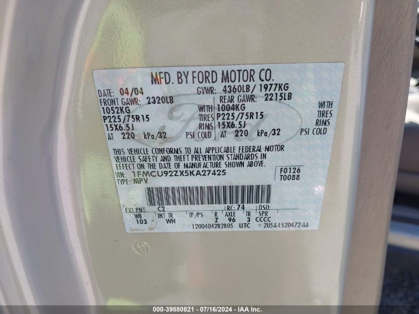 2005 Ford Escape Xls VIN: 1FMCU92ZX5KA27425 Lot: 39880821