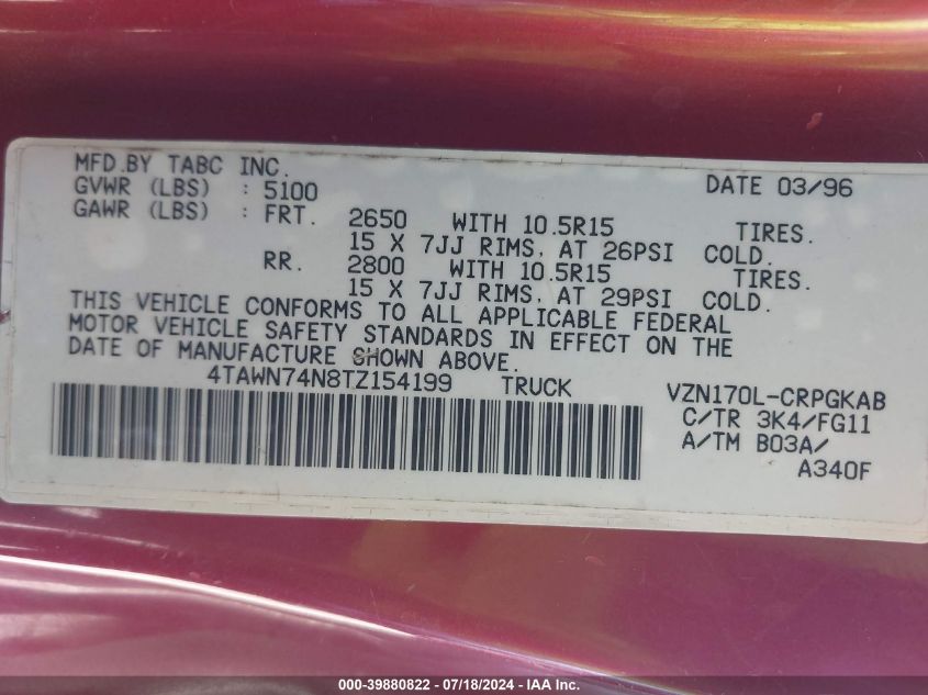 1996 Toyota Tacoma Xtracab Sr5 VIN: 4TAWN74N8TZ154199 Lot: 39880822