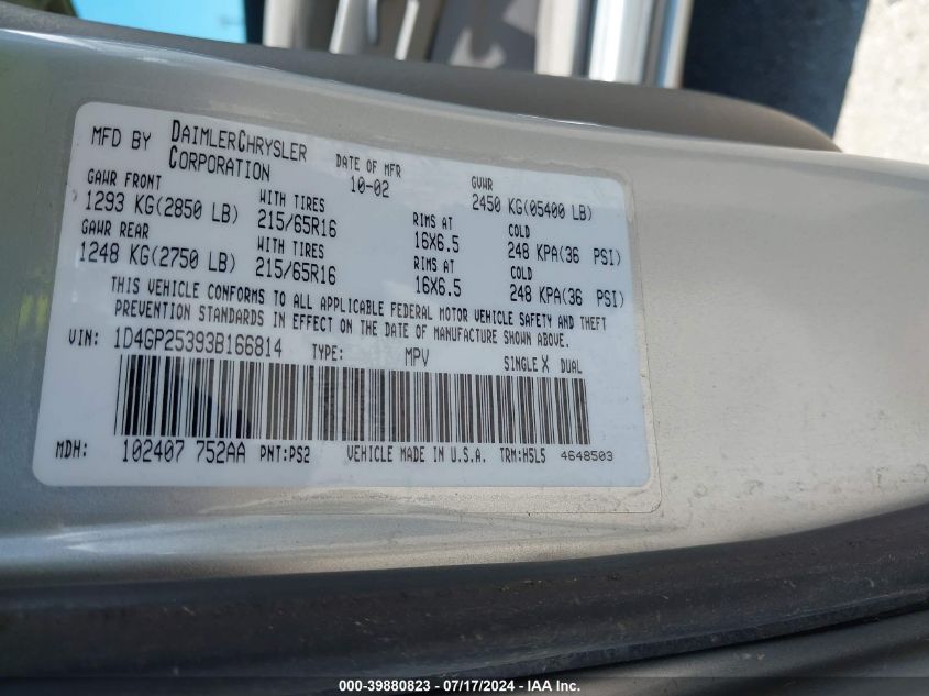 2003 Dodge Caravan Se VIN: 1D4GP25393B166814 Lot: 39880823