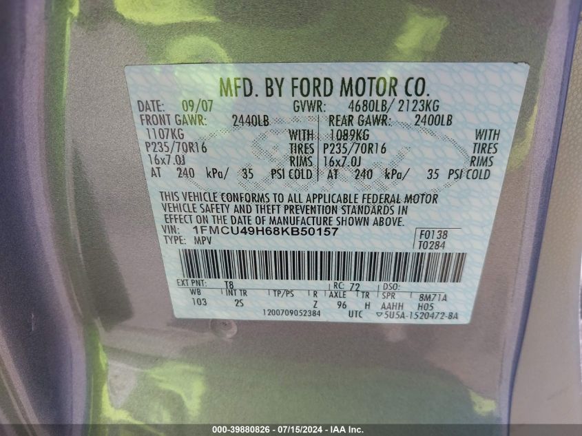 2008 Ford Escape Hybrid VIN: 1FMCU49H68KB50157 Lot: 39880826