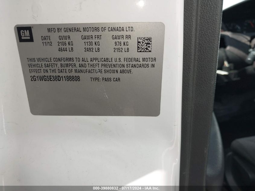 2013 Chevrolet Impala Lt VIN: 2G1WG5E38D1188808 Lot: 39880832