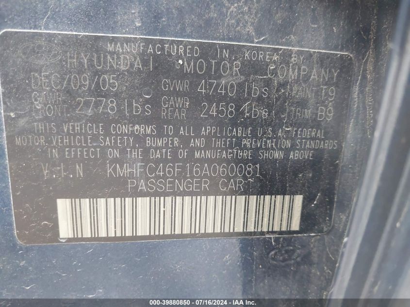 2006 Hyundai Azera Limited/Se VIN: KMHFC46F16A060081 Lot: 39880850