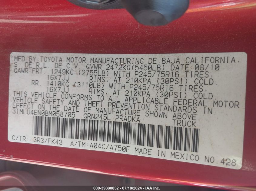 2011 Toyota Tacoma Double Cab VIN: 3TMLU4EN0BM058705 Lot: 39880852