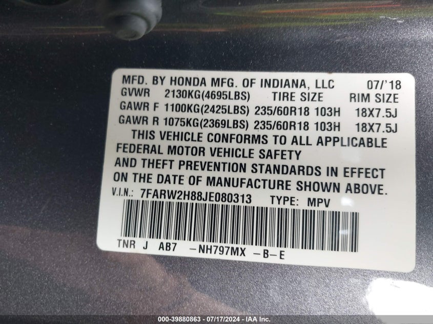 2018 HONDA CR-V EXL - 7FARW2H88JE080313