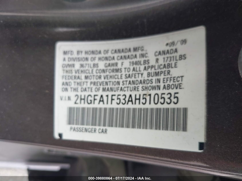 2010 Honda Civic Lx VIN: 2HGFA1F53AH510535 Lot: 39880864