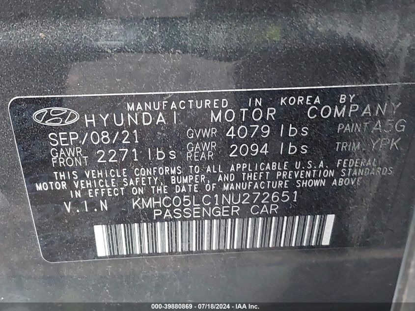 2022 Hyundai Ioniq Hybrid Limited VIN: KMHC05LC1NU272651 Lot: 39880869