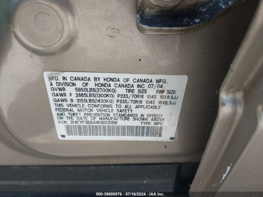 2004 Honda Pilot Ex-L VIN: 2HKYF18544H602156 Lot: 39880876