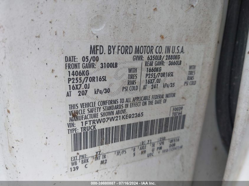 2001 Ford F-150 Harley-Davidson Edition/King Ranch Edition/Lariat/Xlt VIN: 1FTRW07W21KE02365 Lot: 39880887