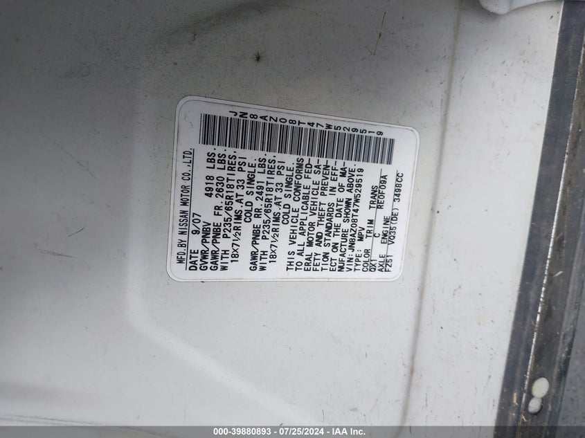 2007 Nissan Murano Sl VIN: JN8AZ08T47W529519 Lot: 39880893