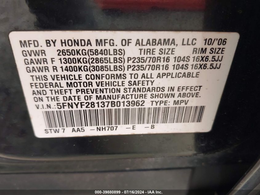 2007 Honda Pilot Lx VIN: 5FNYF28137B013962 Lot: 39880899