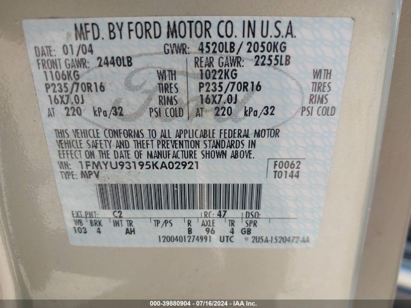 2005 Ford Escape Xlt VIN: 1FMYU93195KA02921 Lot: 39880904