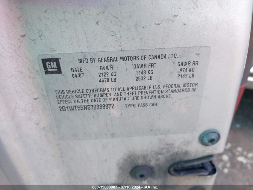 2007 Chevrolet Impala Lt VIN: 2G1WT55N579388872 Lot: 39880907
